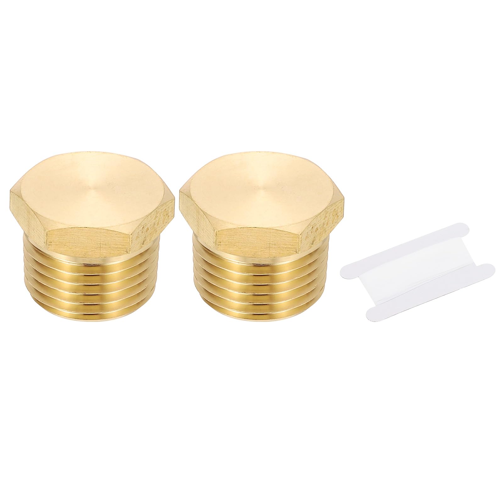 PATIKIL 1/2" NPT Male Brass Pipe Plug Fitting Set, 2Pcs Outer Hex Thread Socket Plug Ends Sealing Tubing Fitting with PTFE Tape for Refrigeration, Water, Air, Oil, Gas Line