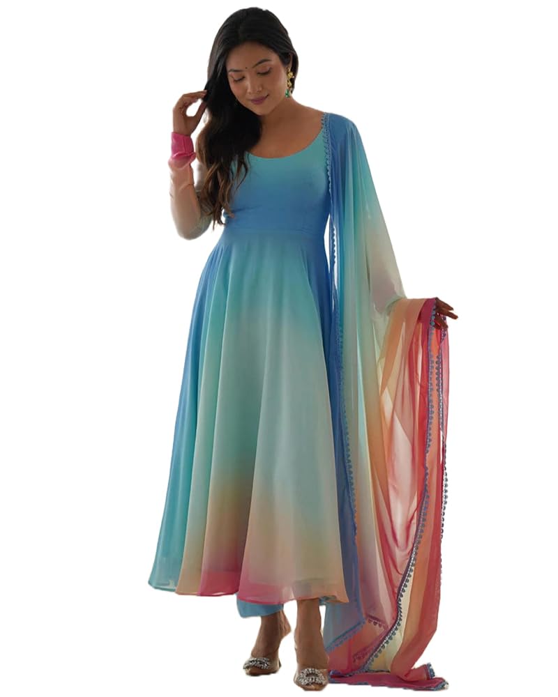 GoSriKiWomen's Georgette Anarkali Solid Kurta with Pant & Dupatta
