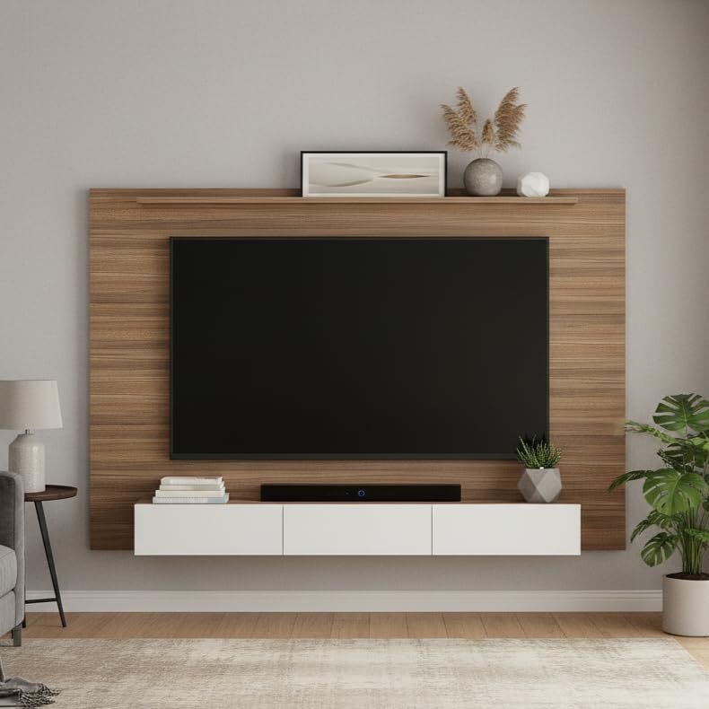 Engineered Wood Laminor TV Cabinet For Living Room, Wall Mount TV Unit With Door & Back Panel, Set Top Box Stand, Display Shelves, Modern TV Rack, Showcase, For 55" TV (Exotic Teak & White)-image-17