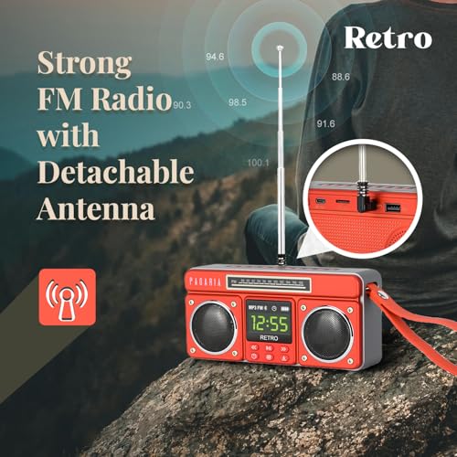 Image of PAGARIA New Retro Portable FM Radio with 10 Watts Sound, Bluetooth Recording, Alarm Clock, USB /TF Card, Detachable External Antenna, Earphone & Aux Port (Red)