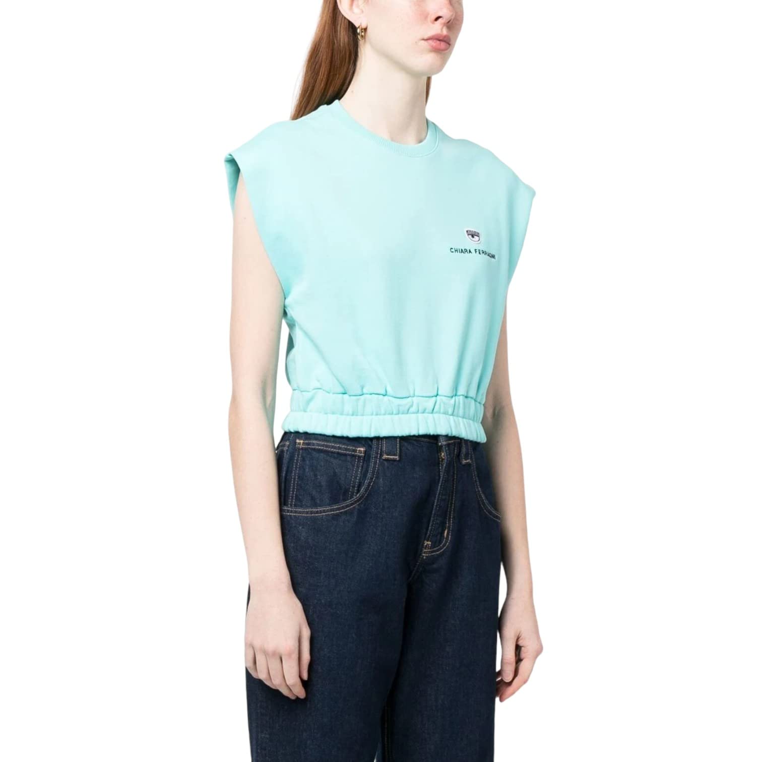 Chiara Ferragni T-Shirt Senza Maniche da Donna Marchio, Modello Logo Classic 74CBHT05CFT03, Realizzato in Cotone. S Turchese