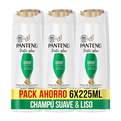 Pantene Champú Suave Y Liso Nutri-Plex, fórmula Pro-V + Antioxidantes, Para Cabello Encrespado y Rebelde, 6 x 225 ML