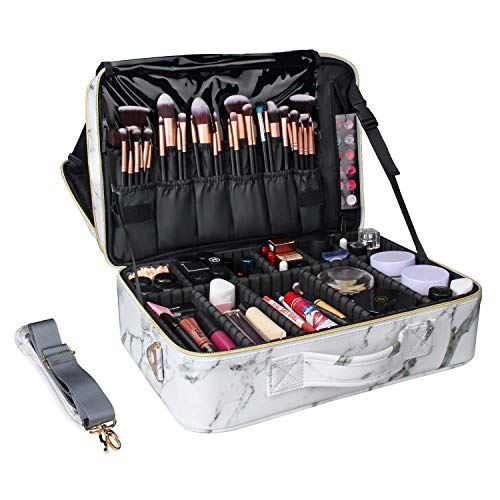 MONSTINA Cosmetic Bags 3 Layer Cosmetic Organizer Makeup Case Beauty Artist Storage Brush Box with Shoulder Strap… (Large, White)