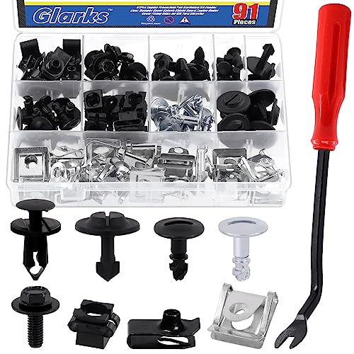 Glarks 91Pcs Car Engine Protection Pan Hardware with Fastener Remover Kit, Engine Under Cover Splash Shield Guard Body Fastener Clips Nuts Pins Screws Compatible with Audi VW