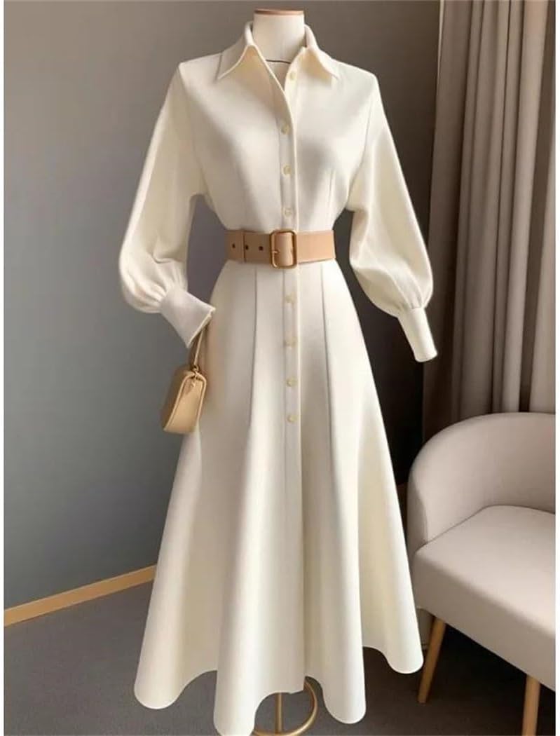 Women Fashion Commut White Dress Korean Style Fall Winter Waist-Fitted Slimming Shirt A-Line Skirt