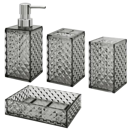Bathroom Accessories Set, 4 Pcs Bathroom Decor Bathroom Sets Accessories, Diamond Soap Dispenser, Bathroom Tumbler, Soap Dish and Toothbrush Holder Set, Boho Bathroom Decor, Grey