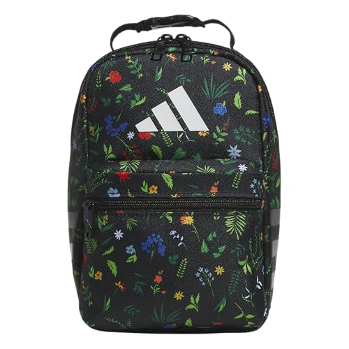 adidas Santiago Lunch Bag Cooler for Women and Men, Insulated Food Container Box with Mesh Pocket, Meadow Floral Black/Black/White/3.0, One Size