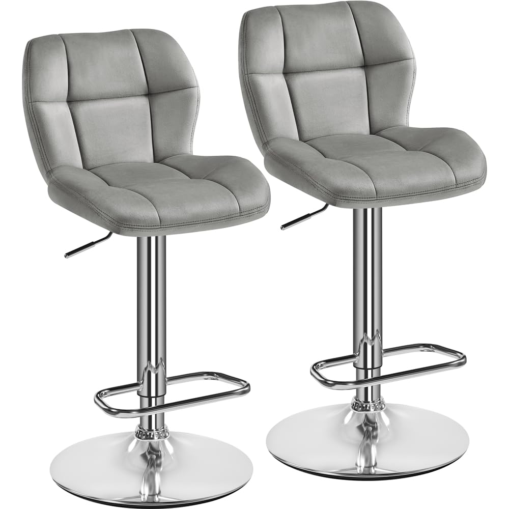 Yaheetech Barhocker 2er Set Höhenverstellbar 360°Drehbar Barstühle Küchenstühle mit Rückenlehne und Fußstütze Barstuhl aus Samt Sitzhöhe 62,5 cm - 84,5 cm für die Küche, Hellgrau