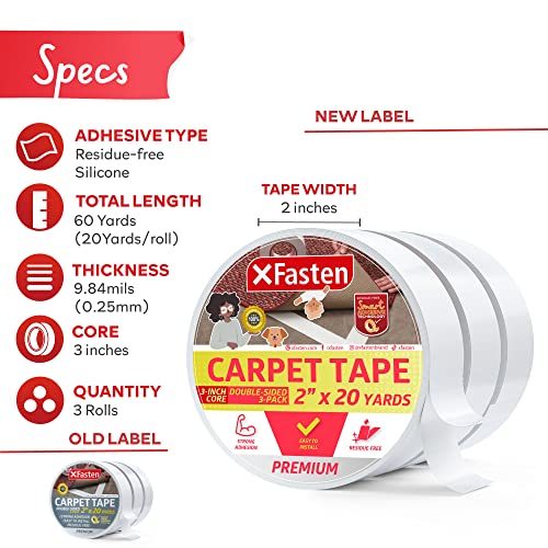 Xfasten Double Sided Carpet Tape - 2” X 20Yd (3-Pk) Bulk Double Sided Rug Tape For Carpet, Indoor Outdoor Carpet Tape For Area Rugs Over Carpet, Strong Adhesion Carpet Binding Tape For Hardwood Floors #TOP1