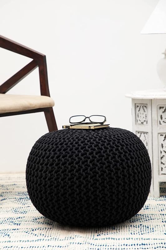 safunooza Designs Hand Knitted Heavy Cotton Rope Beans Filled Round Oval Pouf Pouffe Pack of 01 - Designed for Living Room Sitting, Foot Rest, Stool in 2