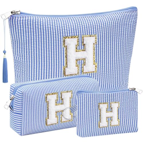 Initial Gifts Travel Cosmetic Makeup Pouch Bags Sets for Purse, 3pcs Stoney Clover Dupes Pouch Makeup Bag, Personalized Cosmetic Bags Set for Women, Make up Bag for Teen Girls 13 14 15 16 17 (H, Blue)