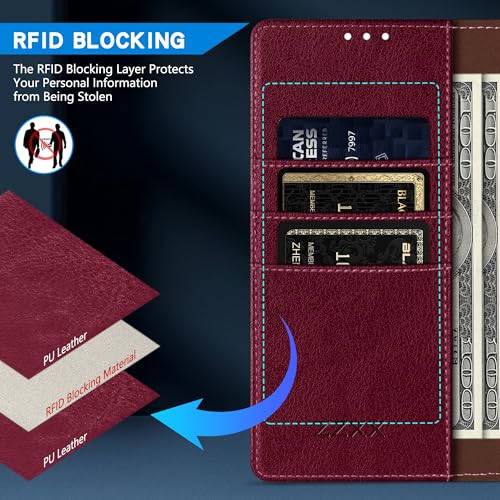 ZZXX for Motorola Moto G Stylus 5G 2025 Wallet Case with [RFID Blocking] Card Slot Kickstand Magnetic PU Leather Flip Fold Protective Phone Case for Moto G Stylus 2025 Case Wallet(Wine Red-6.7 inch) by ZZXX - Image 2
