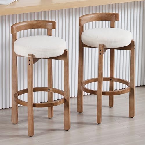 Image of CIMOTA 30 inch Bar Height Stools Set of 4 | Mid Century Modern Low Back Bar Chairs with Solid Wood Legs & Linen Upholstered Seat, High Bar Stools for Kitchen & Pub, Beige