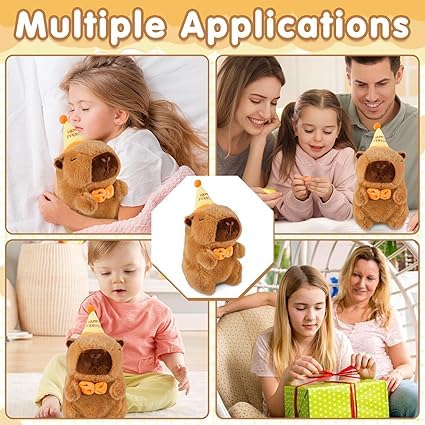 Capybara Peluche, 25cm Bambola di Peluche Giocattolo Peluche Capibara con Cappello da Compleanno Simpatico Pupazzo Cuscino Farciti Bambola Regali di Compleanno di Natale per Bambini