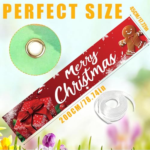 Image of Red Gift Box Christmas Banner 78.7 x 17.7 Inch Gingerbread Candy and Ribbon Bow Design Holiday Backdrop for Home Yard Garden Fence or Indoor Wall Decoration Celebration Display