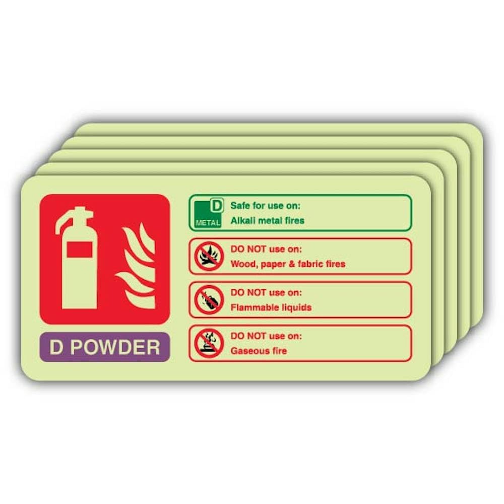 V Safety Photoluminescent D Powder Fire Extinguisher - Landscape Safety Sign - 220 x 110 mm - 1.2mm Rigid Plastic - Double Glow