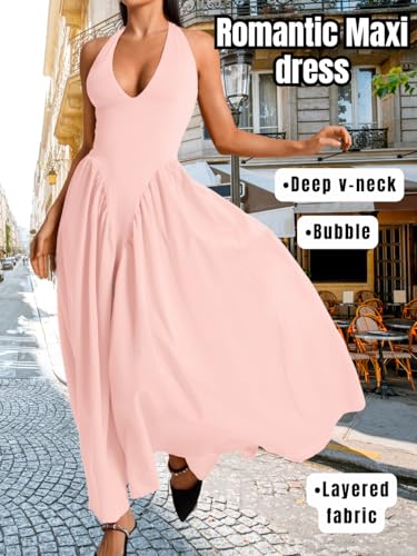 Image of ChiaoLezhee Deep V Neck Dress, Halter Maxi Dresses, Vacation Date Night, Sexy for Women Corset Flowy Wedding Guest Drop Waist