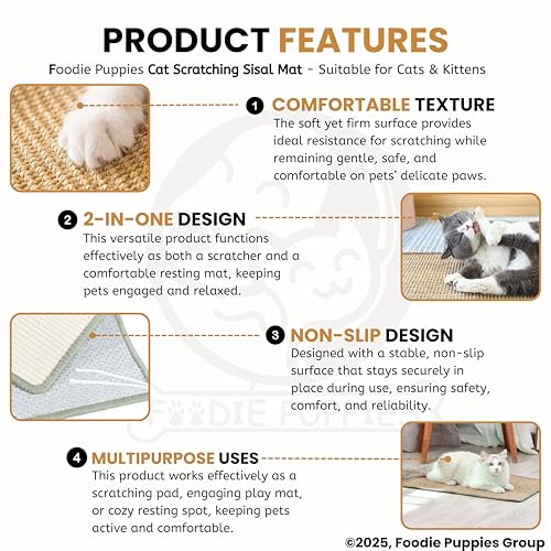 Image of Foodie Puppies Cat Scratching Sisal Mat for Indoor Cats & Kittens (62 x 41 cm), Natural Scratch Pad & Sleeping Mat, Non-Slip Durable Scratcher Rug, Furniture Protection