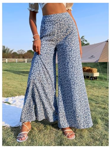 Floerns Women's Summer Beach Floral Pants High Waisted Wide Leg Palazzo Lounge Trousers4