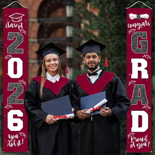 Image of Graduation Decorations 2026 Banner Porch Sign Maroon Burgundy Red for Class of 2026 Graduates Party Supplies