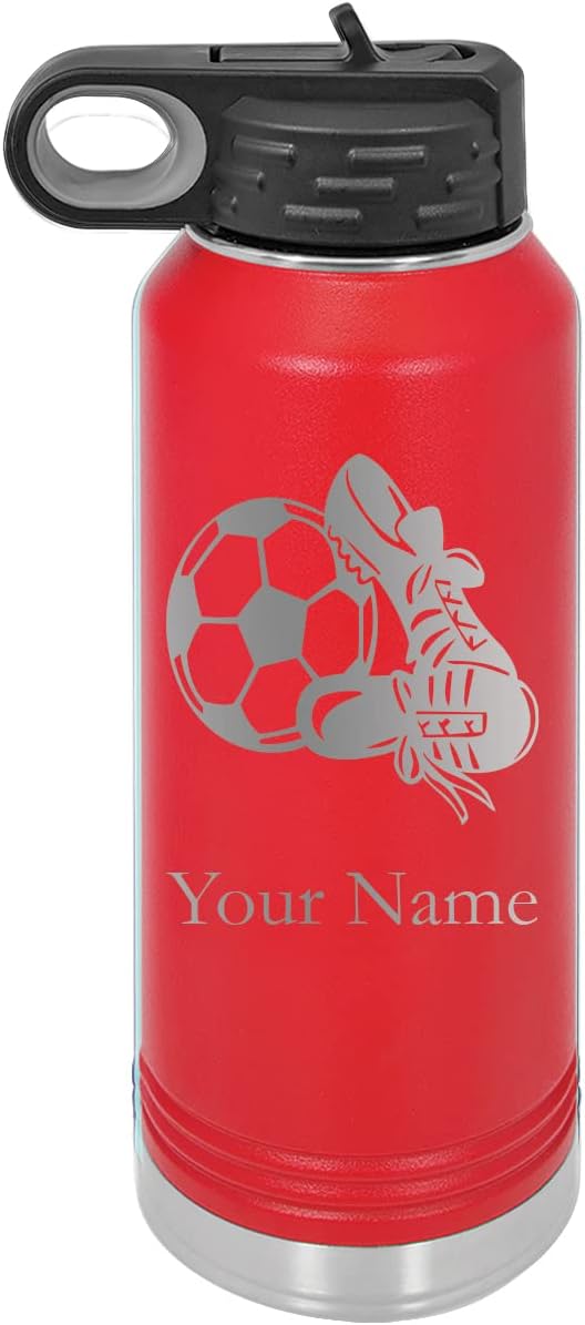 Soccer Team Player Personalized Custom Engraved Double Wall Vacuum Hot/Cold Drinks Insulated Stainless Steel Boys/Girls Sports Team Water Bottle with Flip Top Lid, Straw