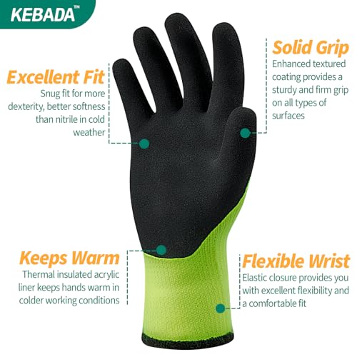 Image of Kebada T3 Winter Work Gloves for Men and Women, Long Cuffs, 1 Pair, Green | Small, warm knit gloves, fleece-lined, latex coated, non-slip grip. Ideal for freezer work, mechanical and construction