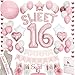 Stunning Sweet 16th Birthday Decorations Party Supplies + (SASH) + (SWEET Letter Balloons) + (Sixteen Cake Topper) | Rose Gold Pink Fuchsia 16 BDay | (71+ Items)