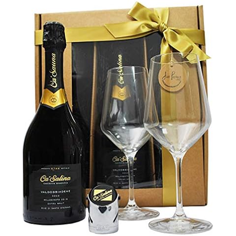 Premium Ca'Salina Rive Prosecco Superiore Valdobbiadene Extra Brut (Very Dry) Gift Set including 2 Branded Glasses and Prosecco Stopper Cover