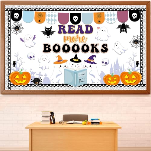 Image of gisgfim Halloween Bulletin Board Decorations Halloween Cute Ghost Paper Cutouts Pumpkin Spider Bat Classroom Decor Halloween Party Bulletin Board for Holiday Reading Classroom Home Wall Decor Supplies