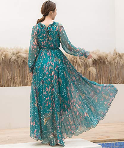 MedeShe Women's Long Sleeve Floral Holiday Beach Bridesmaid Maxi Dress Sundress (Blue Birds Flowers, M/L)