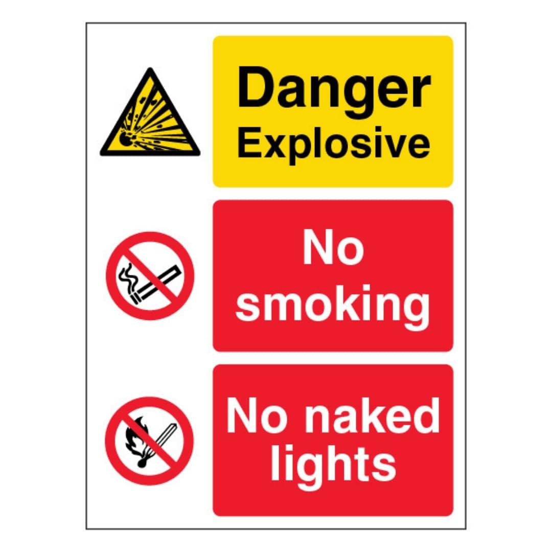 V Safety Danger Explosive/No Smoking/No Naked Lights - Portrait 200 x 300mm - 2mm Rigid Plastic Safety Sign