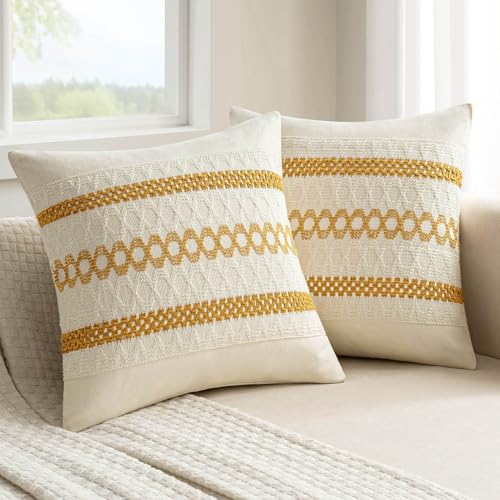 Image of MIULEE Set of 2 Mustard Yellow Boho Decorative Pillow Covers 18x18 Inch | Farmhouse Couch Throw Pillows Modern Spring Cotton Cushion Covers Macrame Woven Home Decor for Bed Sofa Chair