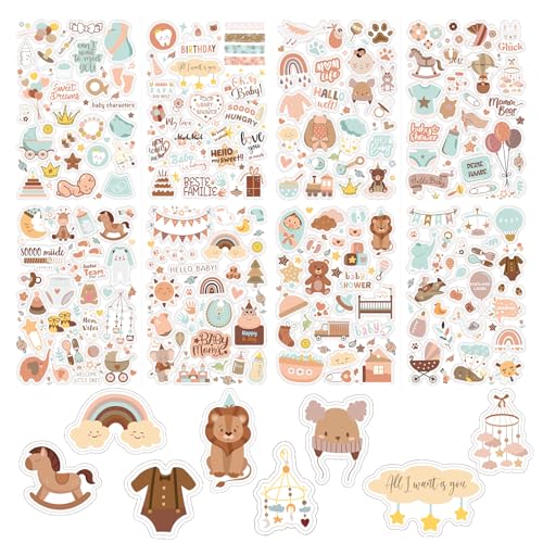 Goiern 4 Stück 212 Stickers Babyalbum,Aufkleber für Kinder und Baby Fotoalben, 8 Bögen DIN-A4 DIY Scrapbooking Aufkleber zum Gestalten, Baby-Scrapbook-Aufkleber(Braun)