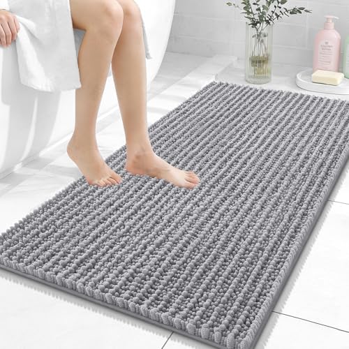 Image of OLANLY Bathroom Rug Mat 44x24, Thick Soft and Absorbent Chenille Bath Mat, Non-Slip Rubber Backing, Machine Washable Quick Dry Bath Rugs for Tub Shower Floor, Home Decor Accessories, Grey