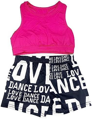 KKmeter Kids Girls Two Pieces Dance Outfit Crop Top with Shorts Clothing Sets for Athletic Sport Gymnastic Dancing Swimming (Rose & Black, 7-8)