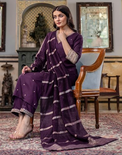 Image of SIRIL Women's Rayon Viscose Sequence Embroidered Straight Kurta Pant with Dupatta Set