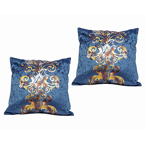 【HAMMARS】 ゴージャス クッションカバー 2枚セット 45×45cm ベルベット おしゃれ クラシック モダン ゴールド 金色 (ブルー)