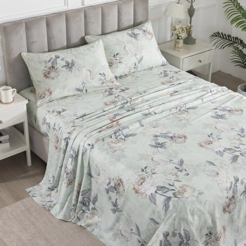 Image of Vintage Floral Sage Green Percale Bed Sheets King Size Deep Pocket | 100% Cotton Shabby Flower Chic Sheet Set, Peony Patterned Farmhouse Sheets, Luxury Neutral Toile Bedding, Cottagecore, 4Pcs