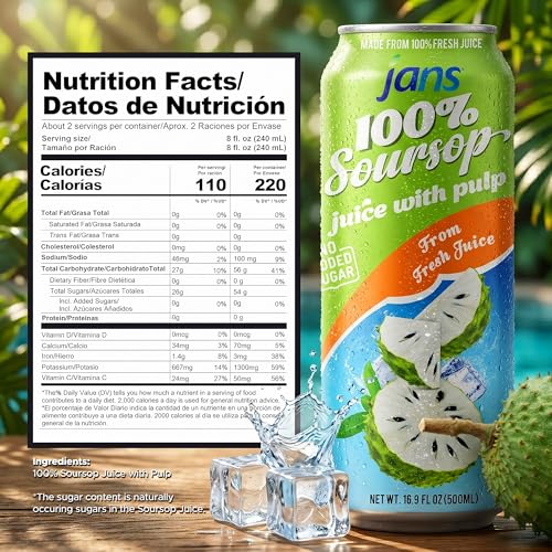 Image of JANS 100% Soursop Juice with Pulp (16.9 oz, Pack of 12) NO Sugar Added, Pure Guanabana Graviola Fresh from Juice, Not From Concentrate