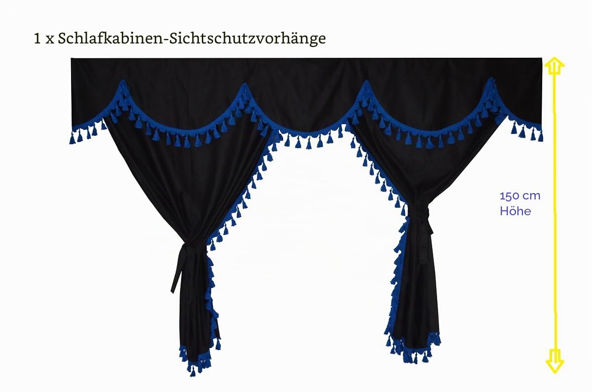 Generisch LKW-Vorhänge, komplettes Set, schwarz mit blauen Quasten, geeignet für normale Kabine [außer hoch]