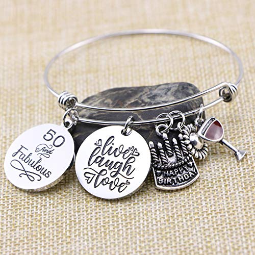 Memgift Birthday Gifts for Women 13th 16th 18th 21st 30 40 50 60 65 70 80 90 Fabulous Live Laugh Love Cake Charms Expandable Bracelet Gift Jewelry for Her2