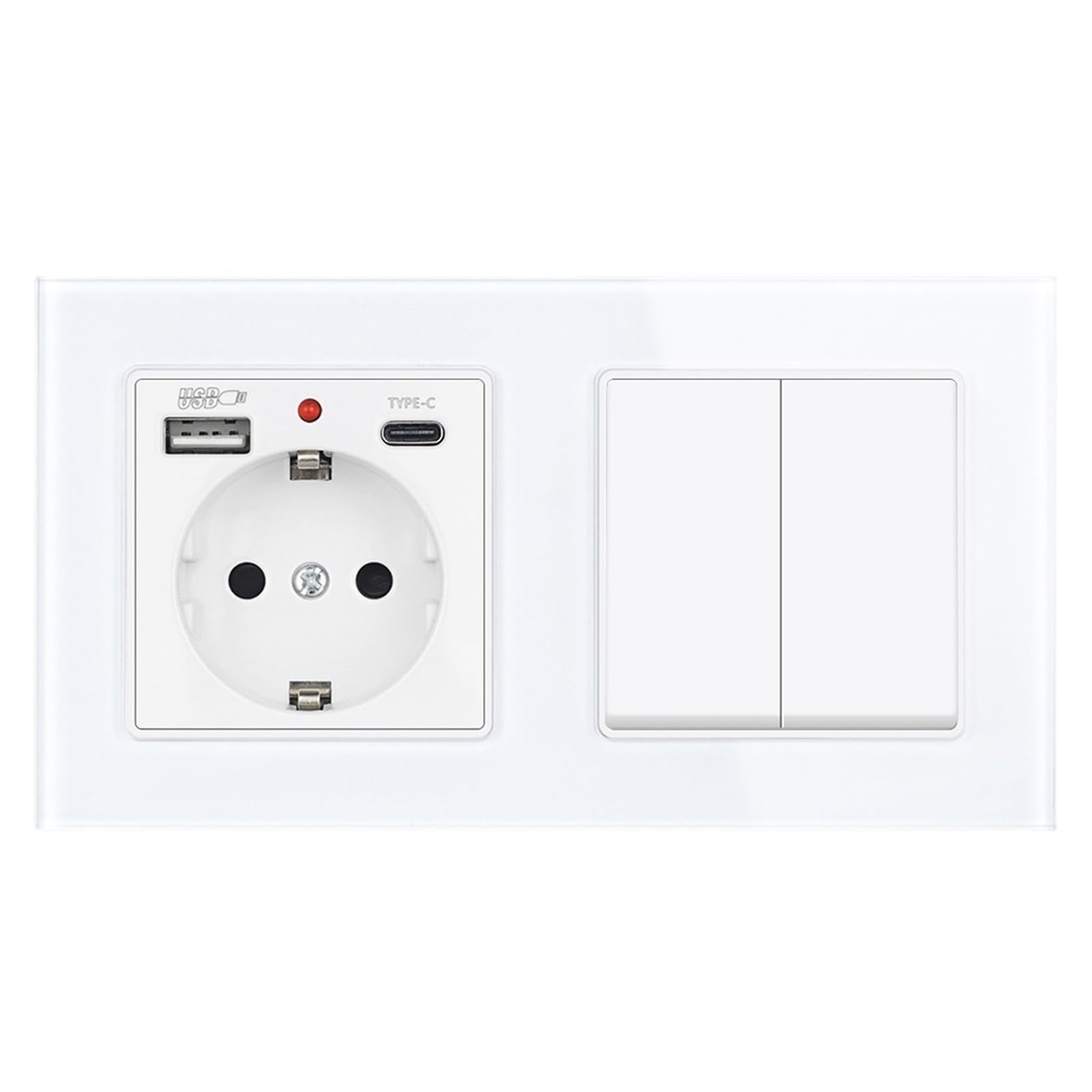 EU USB c Socket with Switch 1/2gang 1way,153 * 82mm Tempered Glass Panel, Electrical Outlets with USB C Charging 5V 2.1A(White 2gang)