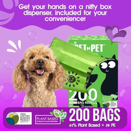 Image of Pet N Pet 200 Counts Lavender Scented Dog Poop Bags with Tie Handles, 41% Plant Based & 59% PE Poop Bags for Dogs, Extra-Thick Doggie Poo Bag, Pet Waste Bag