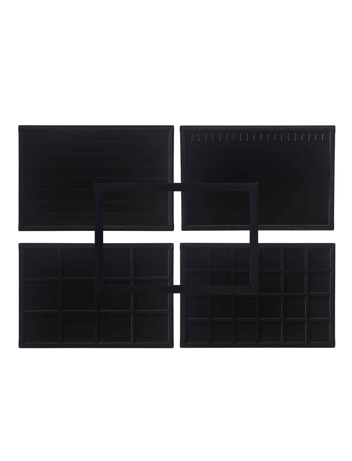 Coward Set of 5 Stackable Jewelry Organizer Tray Necklace Earring Box Storage Ring Bracelet Display Holder (Black(ring+necklace+earring+12grid))