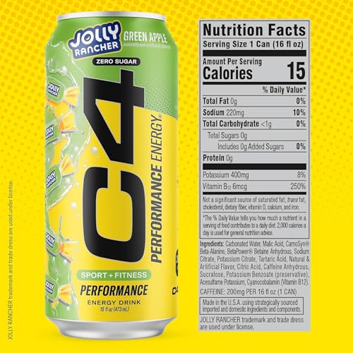 Image of Cellucor C4 Performance Energy Drink | JOLLY RANCHER Green Apple | Zero Sugar Carbonated Preworkout Energy | 200mg Caffeine with Beta Alanine | 16 Fl Oz (24 Pack)