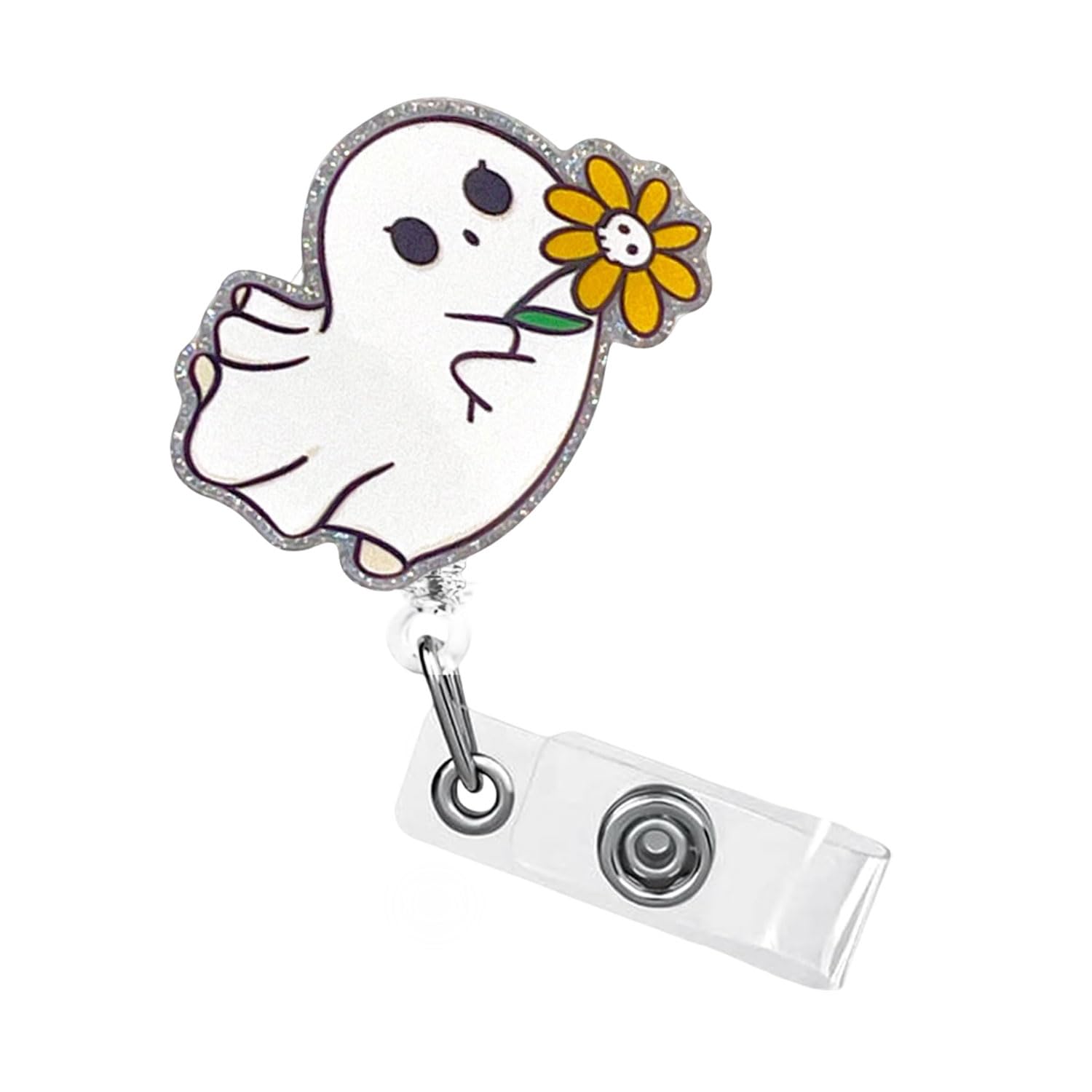 1 Pcs Halloween Badge Reels, Glitter Ghost Funny Badge Reel Acrylic 360° Rotating ID Card Holder with Non-Slip Retractable Clip, ID Badge Holder for Nurse, Nursing Student, Teache and Worker