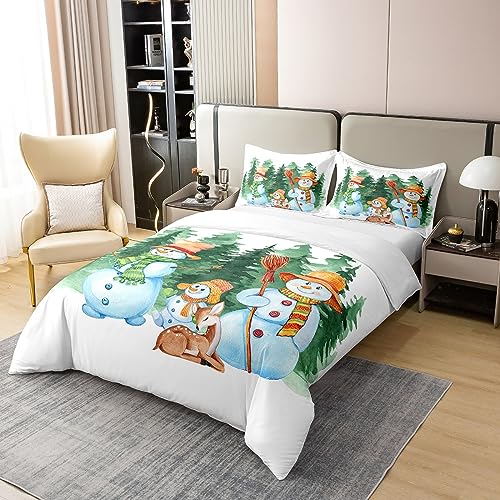 Homewish 100% Natural Cotton Boys Snowman Duvet Cover Double Kawaii Xmas Deer Bedding Set Girls Cartoon Comforter Cover Green Woodland Trees Bed Sets with 2 Pillowcases Bedroom Decor - Image 3