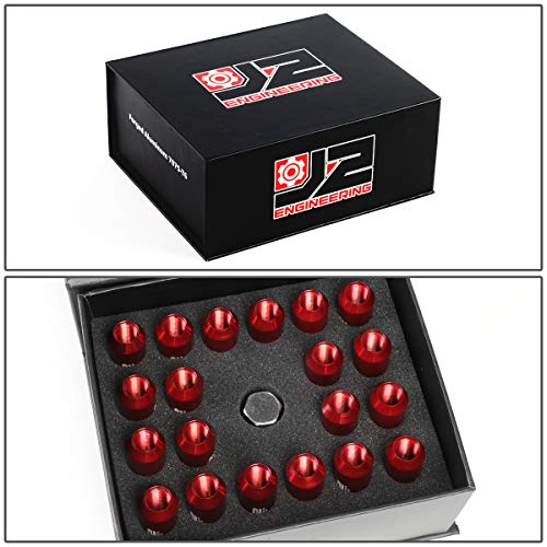Image of J2 Engineering 16Pcs 7075 Aluminum Open End M12 x 1.25 Lug Nuts w /4Pcs Lock Nuts & Key, Red, Fit Conical Seat, LN-T7-010-125-RD
