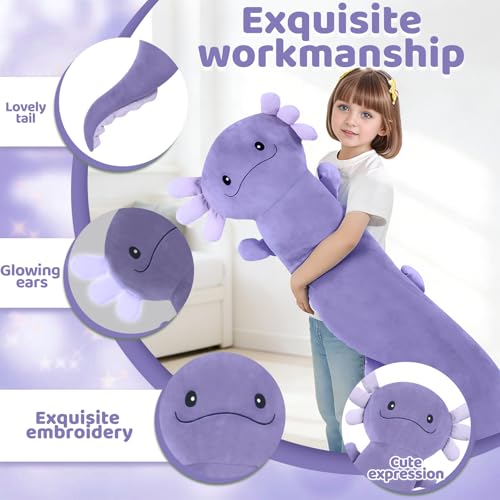 Image of Tianmihou 48 Inch Giant Axolotl Stuffed Animal, Cute Plush Toy Purple Axolotl Body Pillow for Kids, Soft Salamander Glow in The Dark Plushie Gifts for Girls, Boys, Birthday