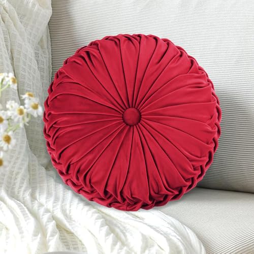 Image of HIG Set of 2 Red Ruched Velvet Round Throw Pillows - 14.5'' Decorative Pillows with Soft Polyester Filling for Couch, Bed, Living Room, Bedroom, or Dorm - Handmade, Stress Relieving, All-Season